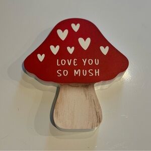 Wooden Red Mushroom Shaped Decor with Heart Design Made in USA
